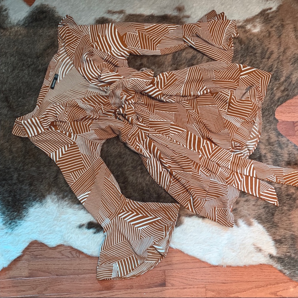 Brown Printed Wrap Ruffle Dress